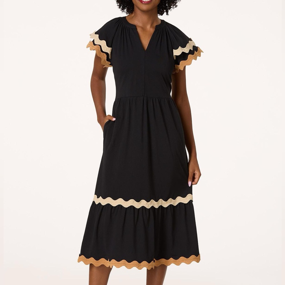 Cato Flutter Sleeve Black Embellished Flowy Cotton Midi Dress Size Large